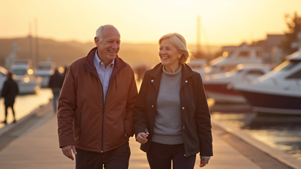 Retirees enjoying a comfortable waterfront walk with scenic views