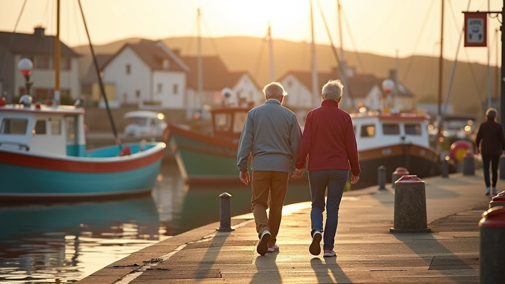 Retired couple walking along Galway docks with colorful fishing boats in the background