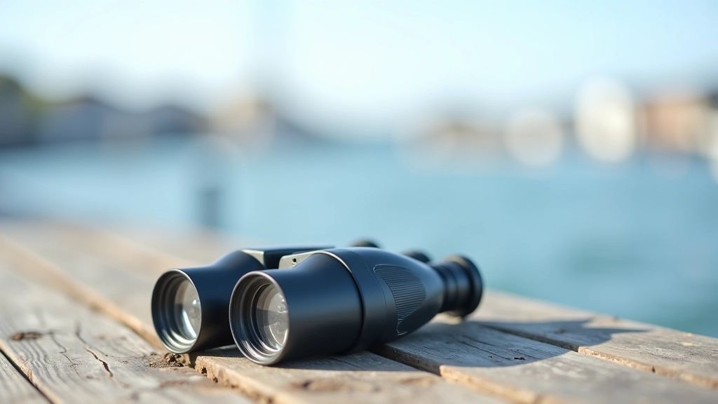 Wooden dock railings with binoculars and a field guide book placed on weathered planks, calm bay water in the distance