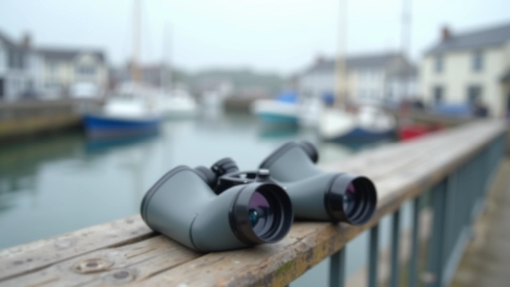 Binoculars and field guide on wooden table overlooking water, birdwatching setup, outdoor setting