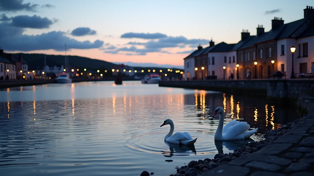 Serene view of Claddagh Basin at sunset with swans swimming peacefully near traditional thatched cottages