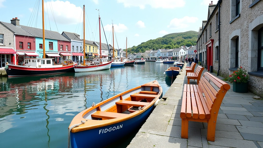 Claddagh basin waterfront with traditional fishing boats, colorful wooden benches, historic buildings, calm water, vibrant scene