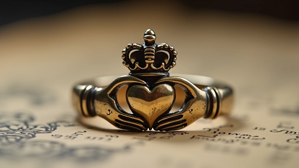 Historic Claddagh ring displayed with intricate hands, heart, and crown detail on aged parchment background