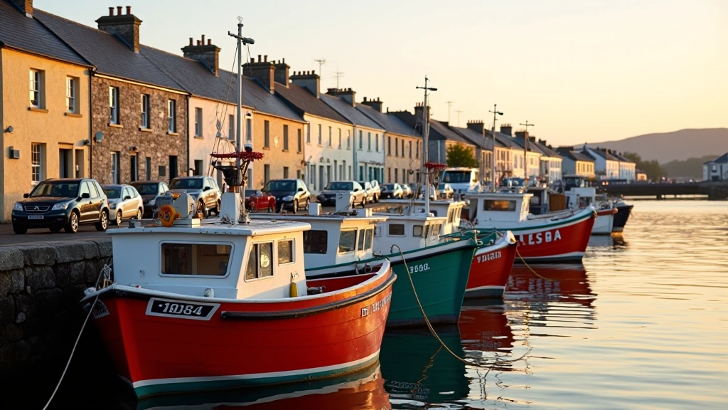 Colorful fishing boats lined up at Galway Docks with historic stone buildings in background, golden hour light