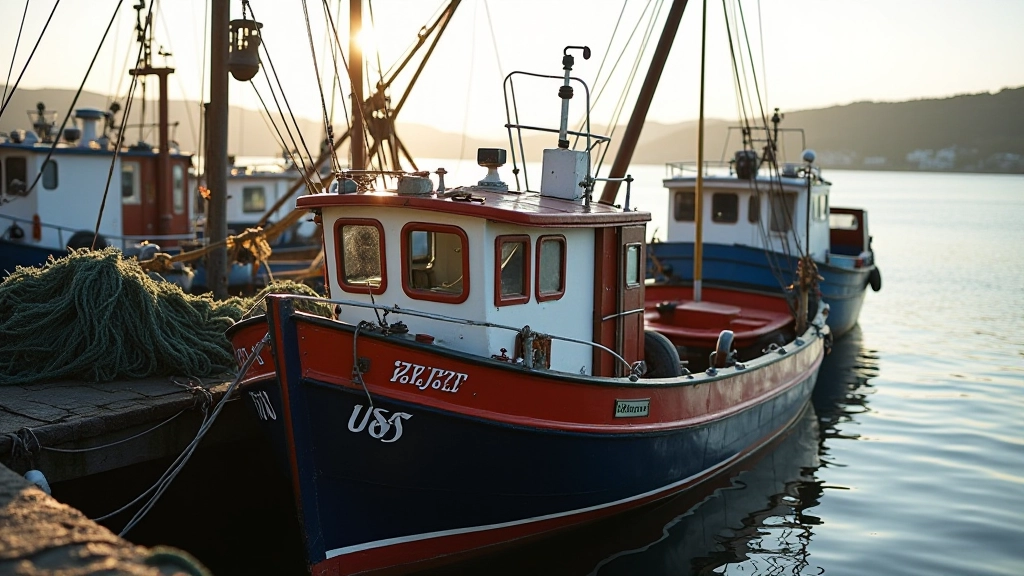 Fishing boats with nets and rigging at dock, morning light reflecting off water, working harbour atmosphere