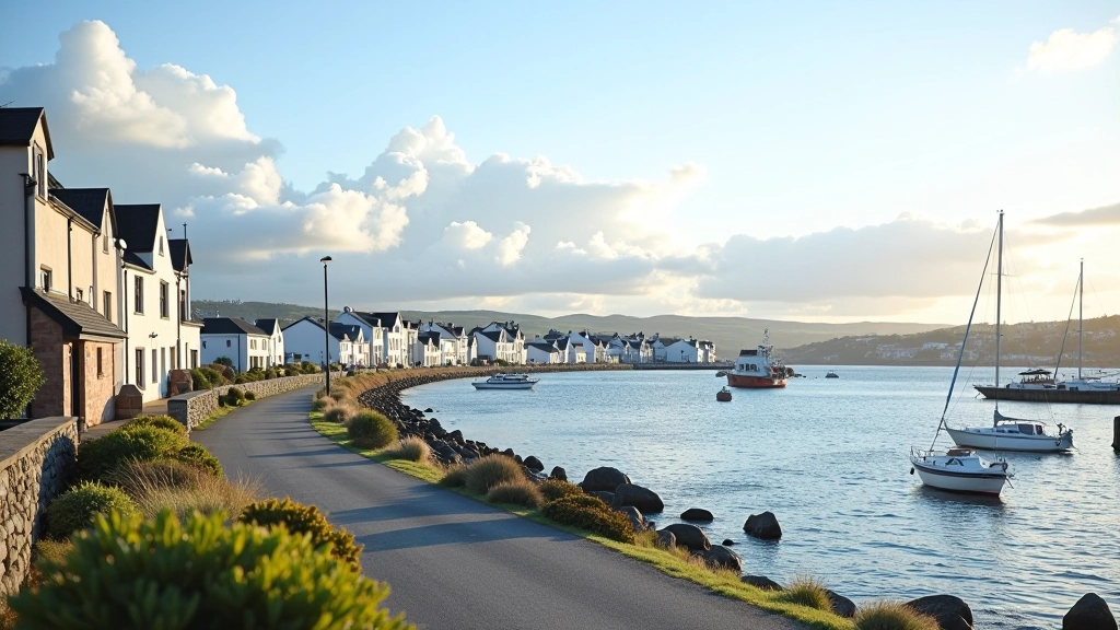Galway Bay landscape with coastal buildings and water, wide vista from waterfront promenade