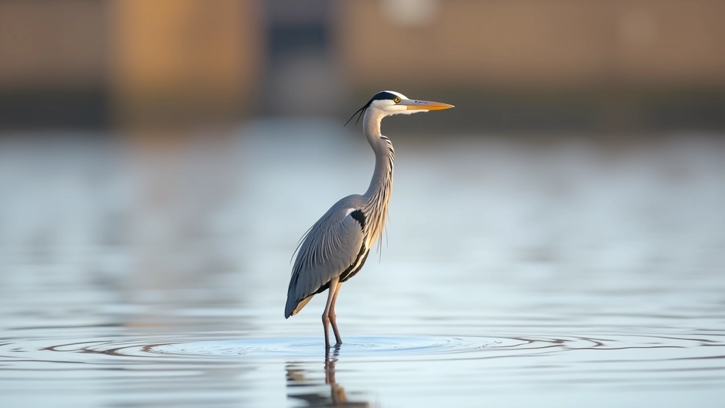 Close-up of a grey heron standing in shallow water at dusk, perfectly still, fishing in calm bay waters
