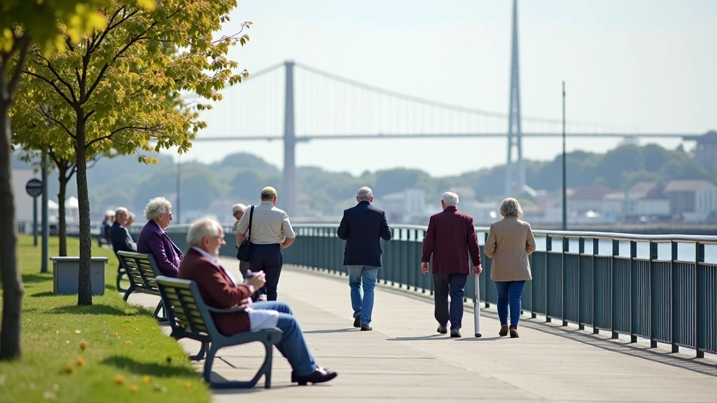 Retiree group gathered at a scenic rest point with accessible seating along the waterfront promenade