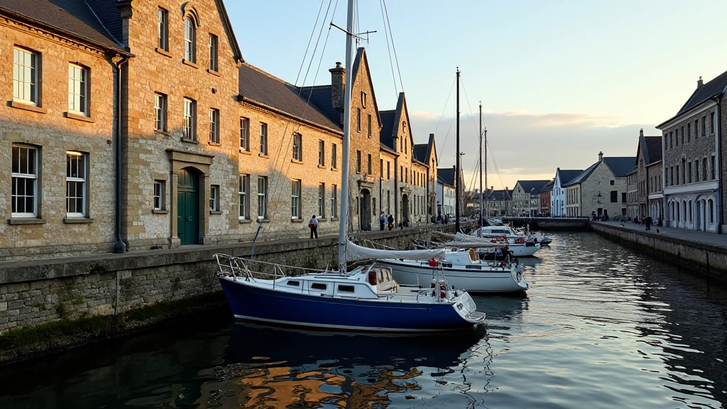 Historic stone warehouses along Galway Docks with moored boats and blue water, architectural detail of aged stonework