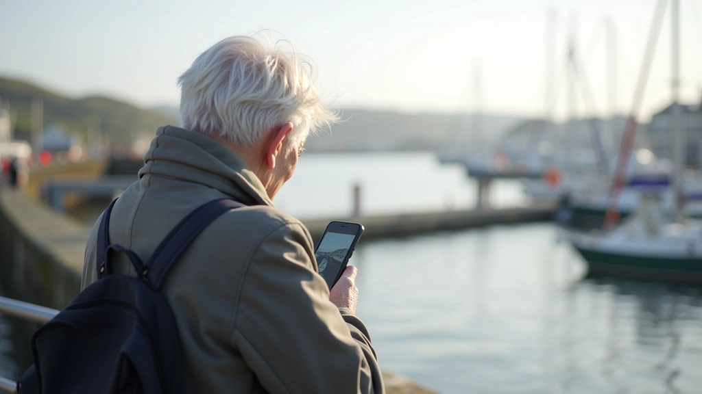 Retiree photographing seabirds with smartphone at Claddagh basin waterfront