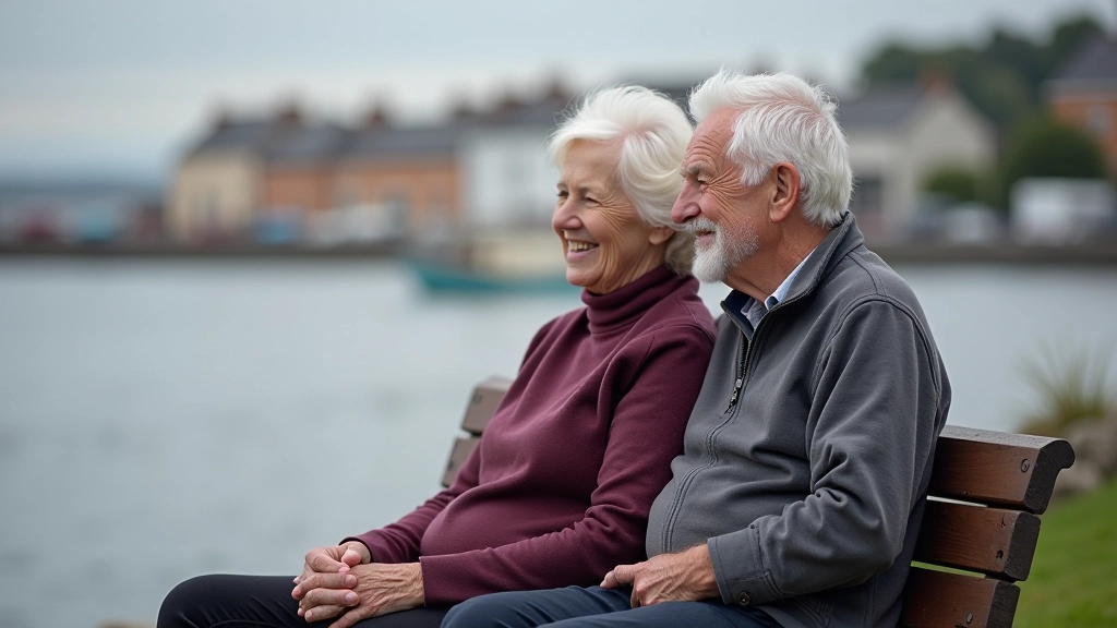 Two older adults sitting on a waterfront bench overlooking the marina, smiling and enjoying the coastal view
