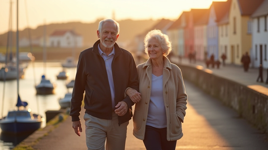 Mature couple walking together along Claddagh waterfront promenade with boats and buildings visible in background