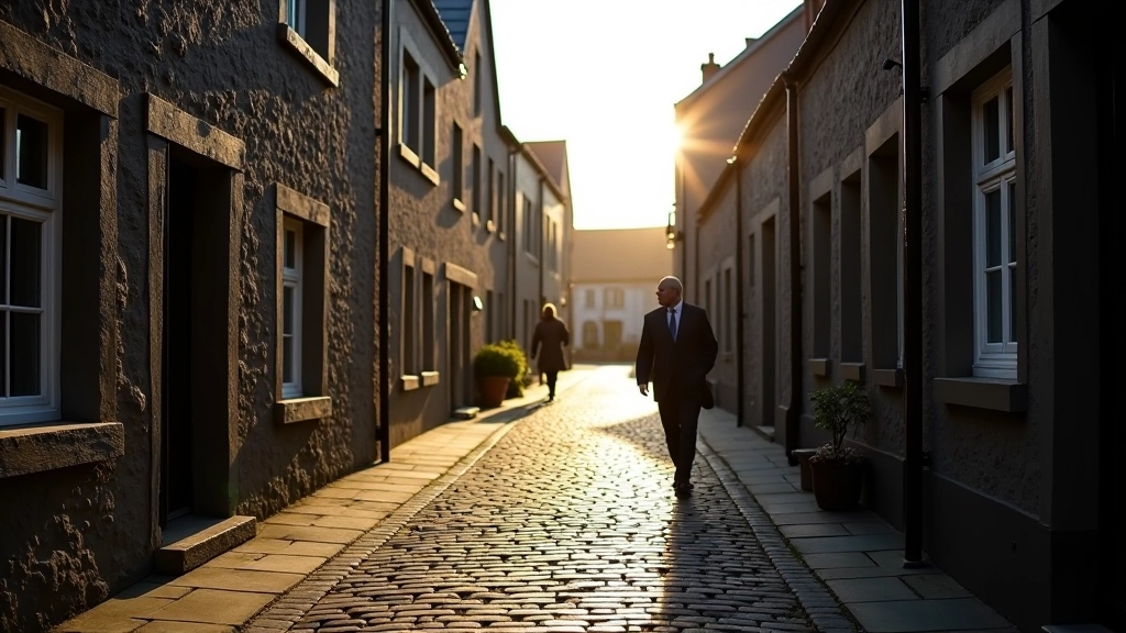 Narrow cobblestone lane in the Claddagh with stone buildings on either side and soft morning light creating shadows