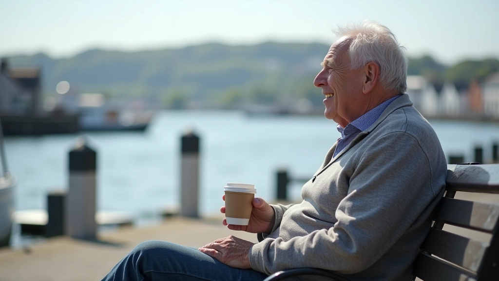 Person sitting comfortably on waterfront bench with coffee cup, relaxed posture, peaceful coastal scene, sunny day, Galway bay