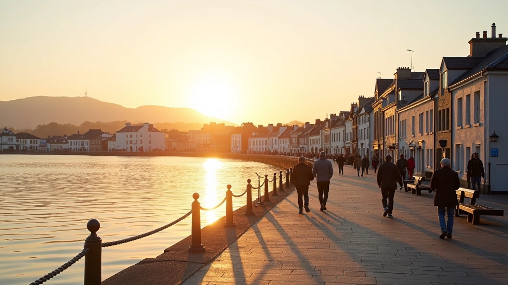 Peaceful Galway waterfront promenade with calm waters and coastal buildings at sunset, golden hour light reflecting on water