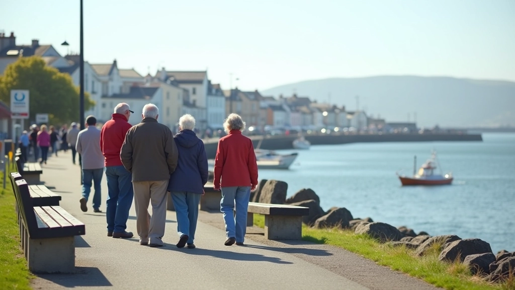 Small group of older adults pausing at a waterfront viewpoint overlooking Galway Bay