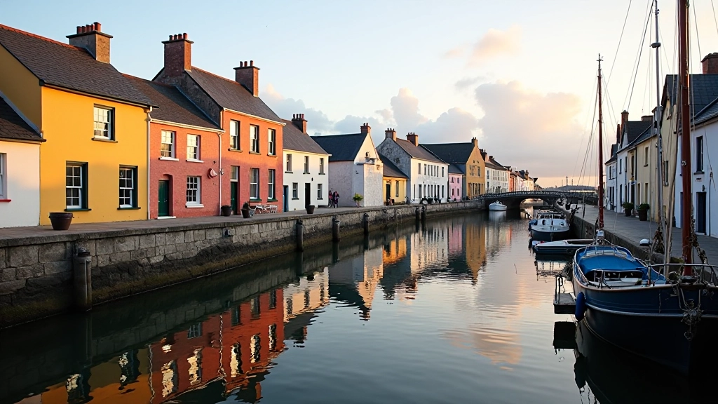 Historic Claddagh area buildings reflected in calm waterfront water