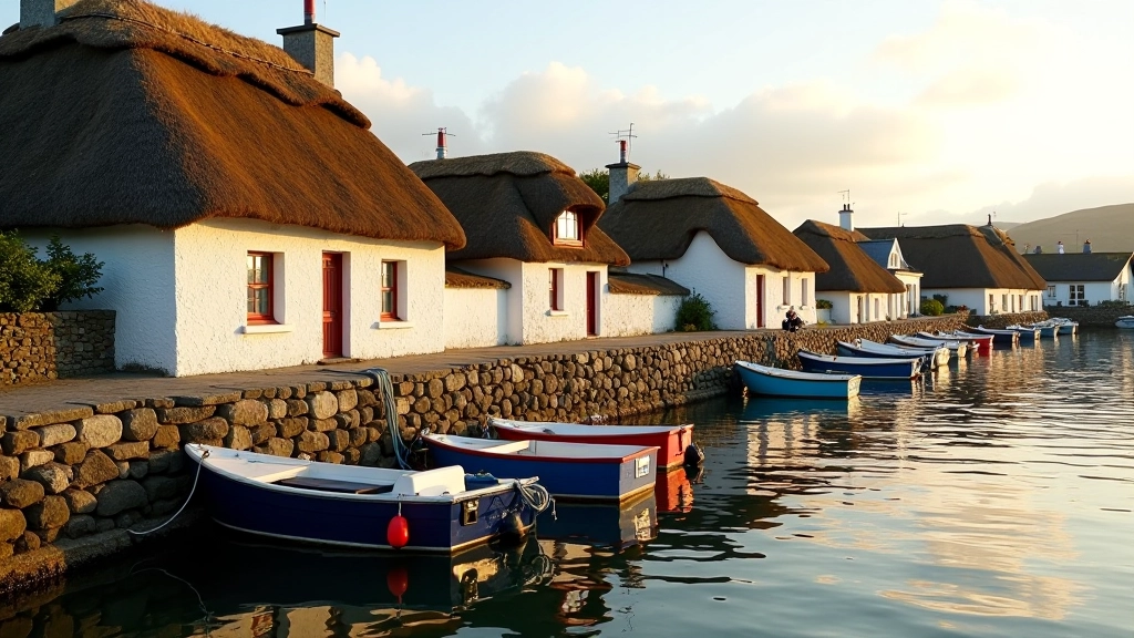 Traditional thatched stone cottages along the Claddagh waterfront with colorful fishing boats moored nearby