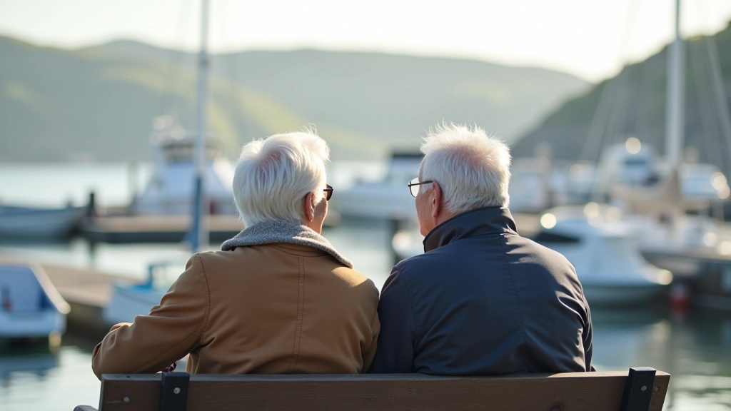 Mature couple enjoying a peaceful moment on Galway waterfront promenade, sitting together looking out at marina, natural coastal setting