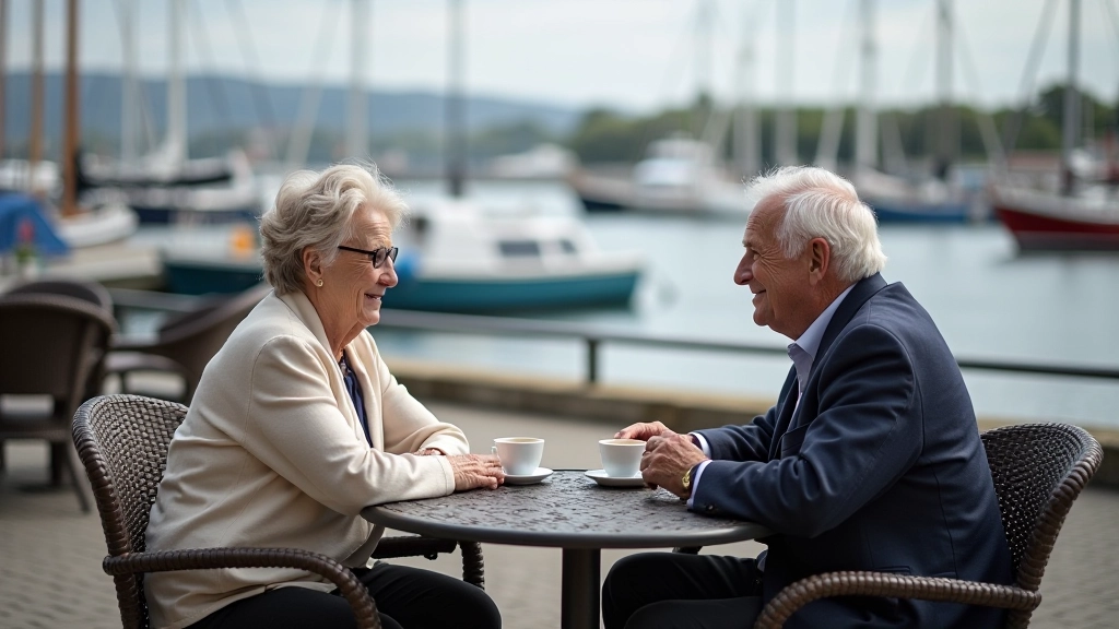 Two retirees enjoying coffee at a waterfront café overlooking Galway docks