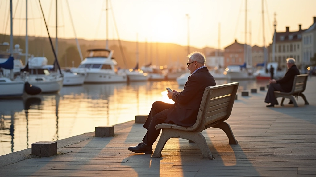 Peaceful waterfront dock area with modern benches, calm water reflecting boats, morning sunlight, Galway marina setting