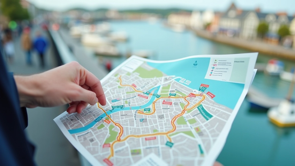 Close-up of waterfront map with highlighted walking routes, comfortable seating areas marked, cafe locations, person pointing at route, natural lighting