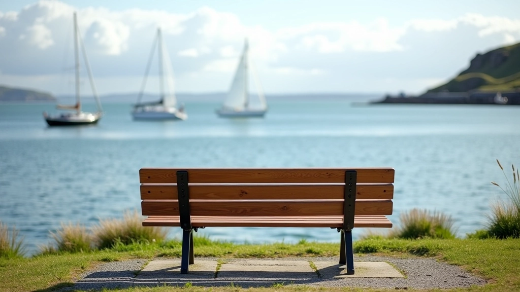 Wooden bench overlooking Galway Bay with calm water, sailboats in distance, peaceful waterfront seating area